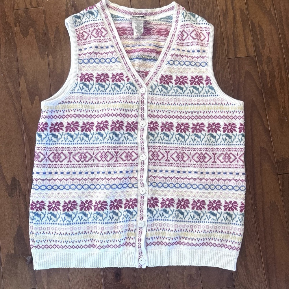 Northern Reflections‎ Cotton Sweater Vest Women L Fair Isle Button Cardigan